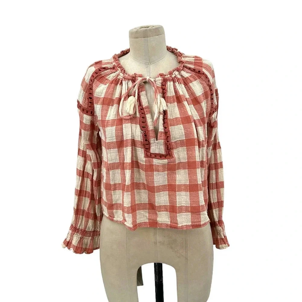 Free People Honey Grove Top Pink Cream Plaid Check Size‎ XS